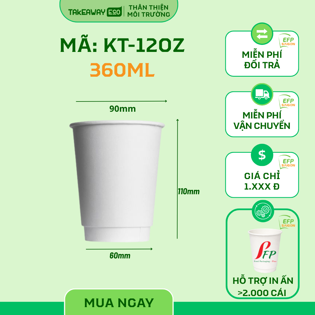 Ly Giấy Trắng 2 Lớp 12oz-360ml (Dùng Nóng/Lạnh)